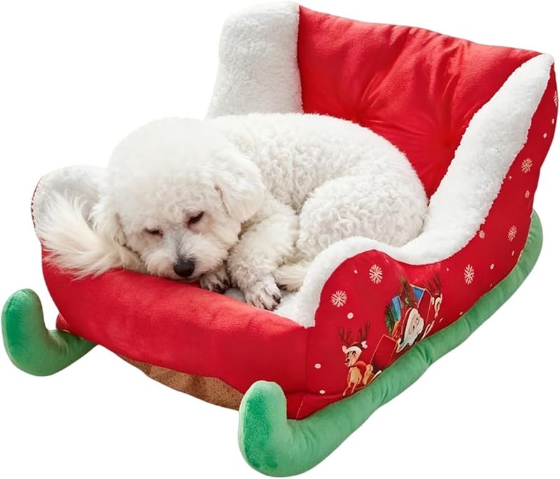 Christmas Sleigh Dog Bed Plush Anti Slip Cushion for Puppies Indoor Outdoor - Image 1