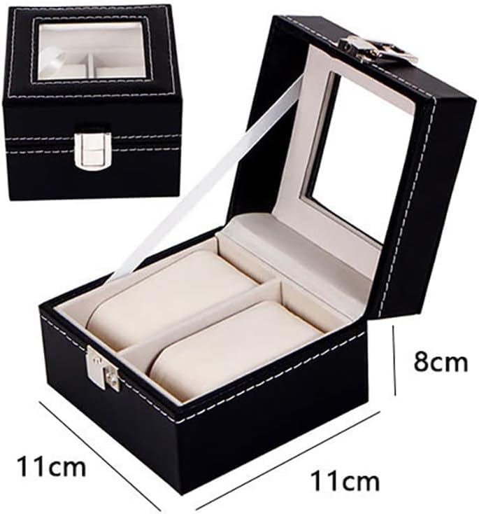 MeRaYo Watch Organizer Box for Men & Women, 2 Slot, Black Faux Leather & Velvet, Dust-Proof Glass Lid, Portable Size - Image 2