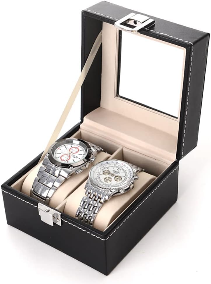 MeRaYo Watch Organizer Box for Men & Women, 2 Slot, Black Faux Leather & Velvet, Dust-Proof Glass Lid, Portable Size - Image 1