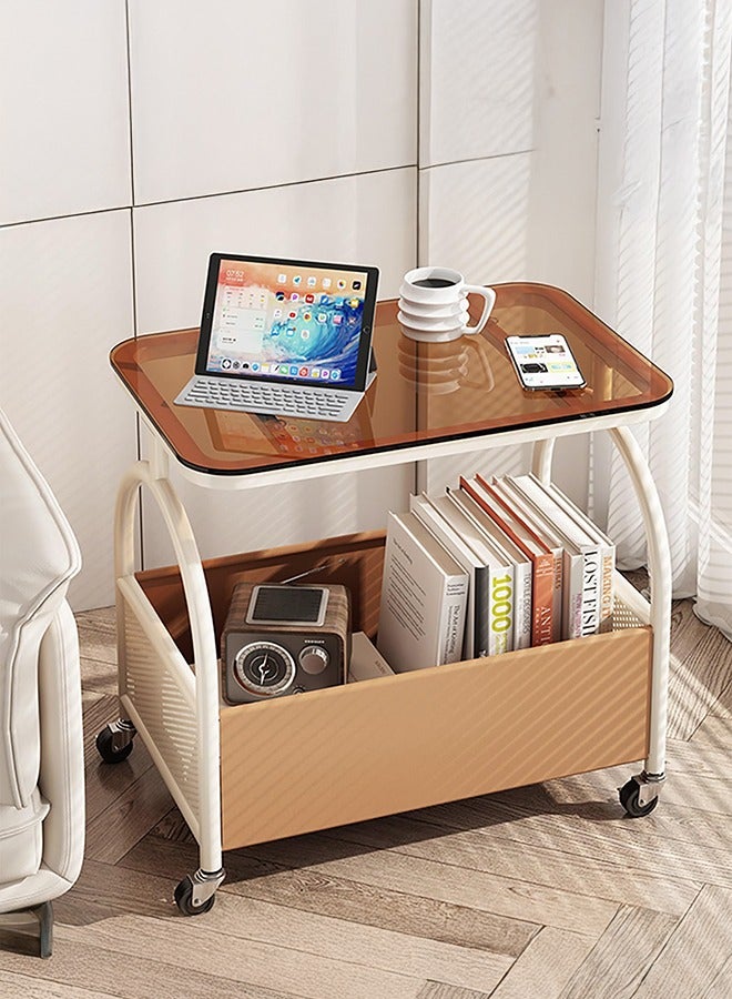 XiuWoo Rolling End Table, Side Table with 4 Wheels, Coffee Table for Small Spaces, Bedside Table with Double Shelf Design, Leather Basket, Space-saving, for Living Room Bedroom Balcony Patio and Office White+Brown Glass - Image 1