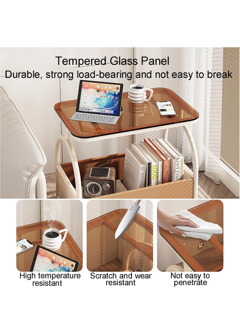 XiuWoo Rolling End Table, Side Table with 4 Wheels, Coffee Table for Small Spaces, Bedside Table with Double Shelf Design, Leather Basket, Space-saving, for Living Room Bedroom Balcony Patio and Office White+Brown Glass - Image 5