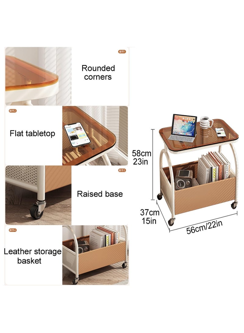 XiuWoo Rolling End Table, Side Table with 4 Wheels, Coffee Table for Small Spaces, Bedside Table with Double Shelf Design, Leather Basket, Space-saving, for Living Room Bedroom Balcony Patio and Office White+Brown Glass - Image 2