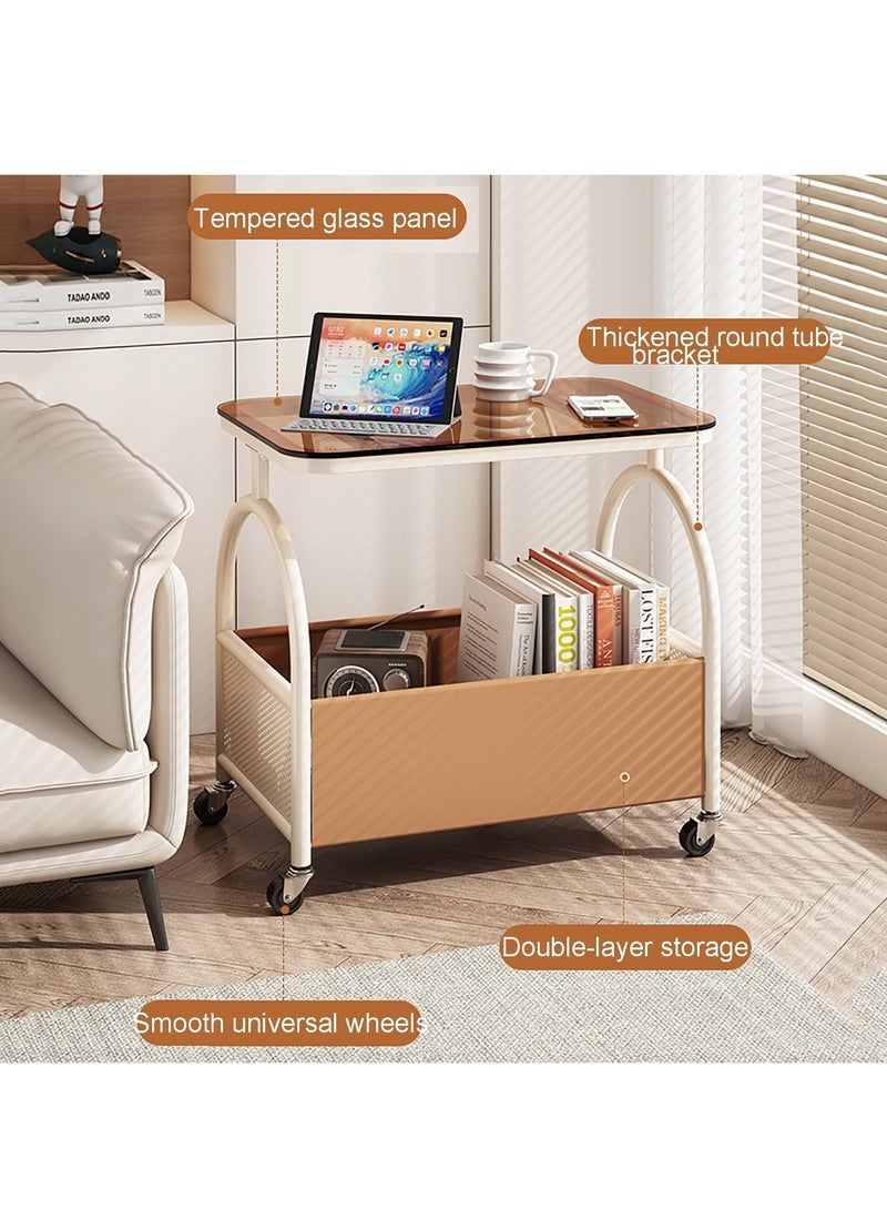 XiuWoo Rolling End Table, Side Table with 4 Wheels, Coffee Table for Small Spaces, Bedside Table with Double Shelf Design, Leather Basket, Space-saving, for Living Room Bedroom Balcony Patio and Office White+Brown Glass - Image 3