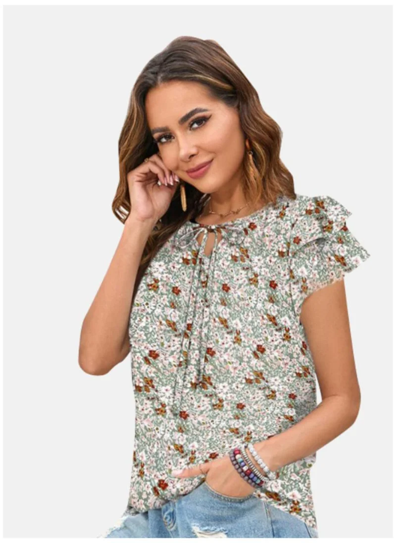 YUNIQEE Grey Floral Print Tie-Up Neck Flutter Sleeve Top