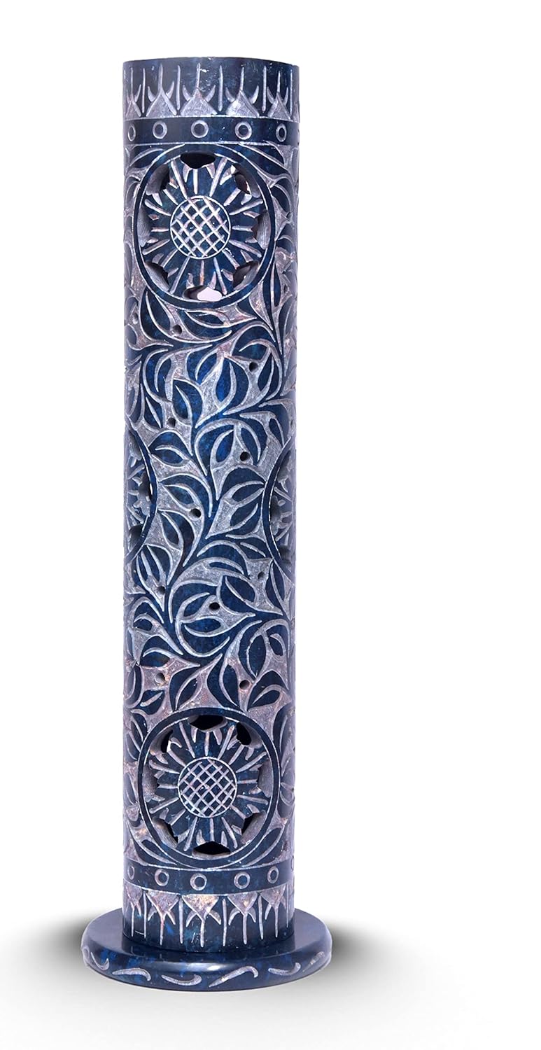 IYBHandcrafted Soapstone Marble Flower Design Incense Holder Diffuser Agarbatti Stand Free 6 Incense Sticks Blue