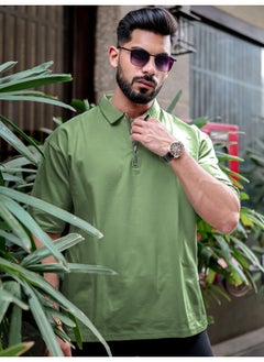 Maniac Mens Polo Neck 3/4th Sleeve Hunter Green Cotton Oversized T-Shirt  - Image 1