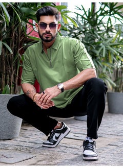 Maniac Mens Polo Neck 3/4th Sleeve Hunter Green Cotton Oversized T-Shirt  - Image 5
