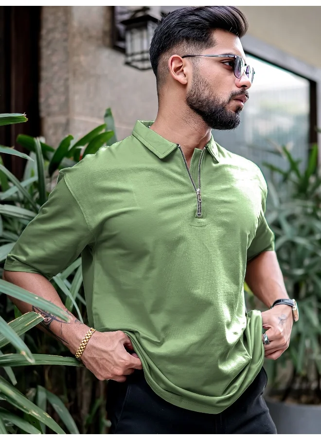 Maniac Mens Polo Neck 3/4th Sleeve Hunter Green Cotton Oversized T-Shirt