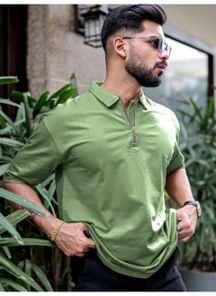 Maniac Mens Polo Neck 3/4th Sleeve Hunter Green Cotton Oversized T-Shirt  - Image 3