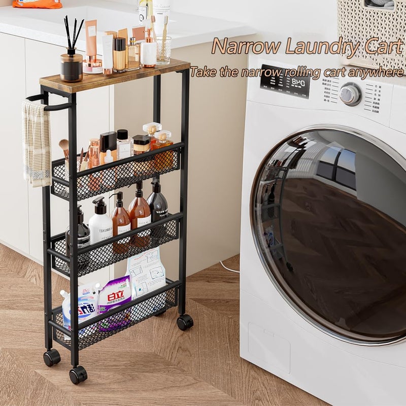 AZERPIAN Slim Rolling Cart 5 Tier Narrow Storage Cart on Wheels with MDF Board Top and Metal Handle for Small Space Kitchen Living Room Home Office Pantry Bathroom Laundry (16.38 x 5.12 x 39.17 inch) - Image 5