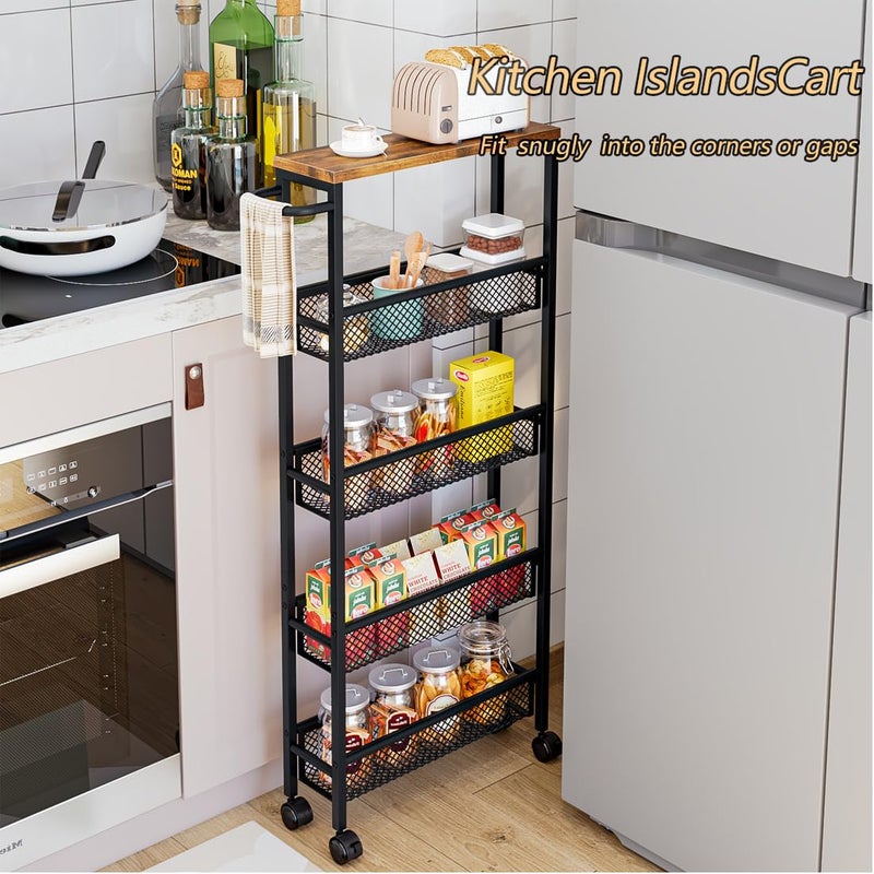 AZERPIAN Slim Rolling Cart 5 Tier Narrow Storage Cart on Wheels with MDF Board Top and Metal Handle for Small Space Kitchen Living Room Home Office Pantry Bathroom Laundry (16.38 x 5.12 x 39.17 inch) - Image 2