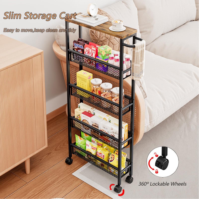 AZERPIAN Slim Rolling Cart 5 Tier Narrow Storage Cart on Wheels with MDF Board Top and Metal Handle for Small Space Kitchen Living Room Home Office Pantry Bathroom Laundry (16.38 x 5.12 x 39.17 inch) - Image 4