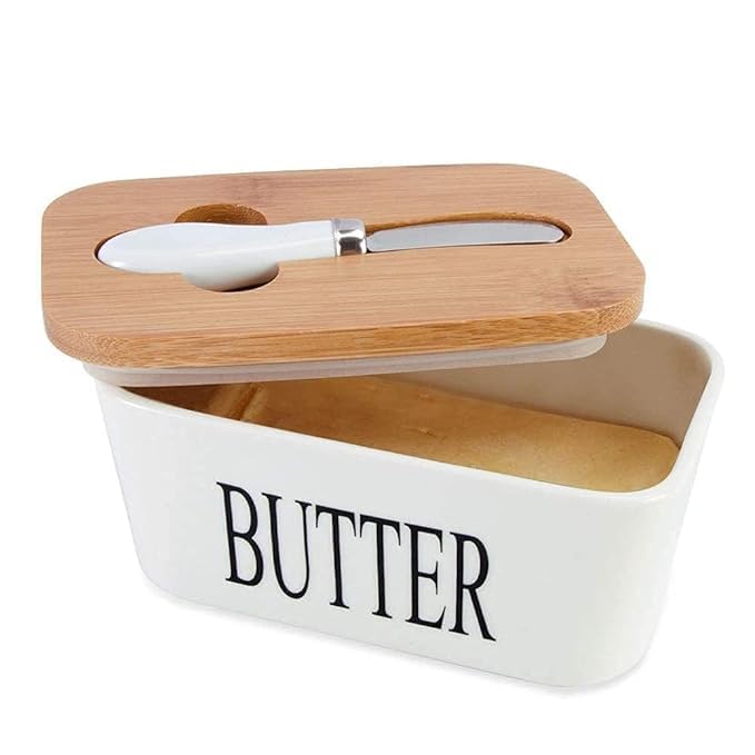 octpous venom Large Ceramics Butter Dish with Lid Wooden Butter Keeper Container with Knife and Silicone Sealing Butter Dishes with Covers, Good Kitchen Home Gift (600ML) (White) - Image 1