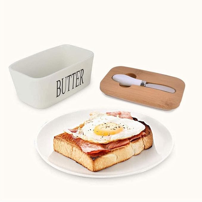 octpous venom Large Ceramics Butter Dish with Lid Wooden Butter Keeper Container with Knife and Silicone Sealing Butter Dishes with Covers, Good Kitchen Home Gift (600ML) (White) - Image 4