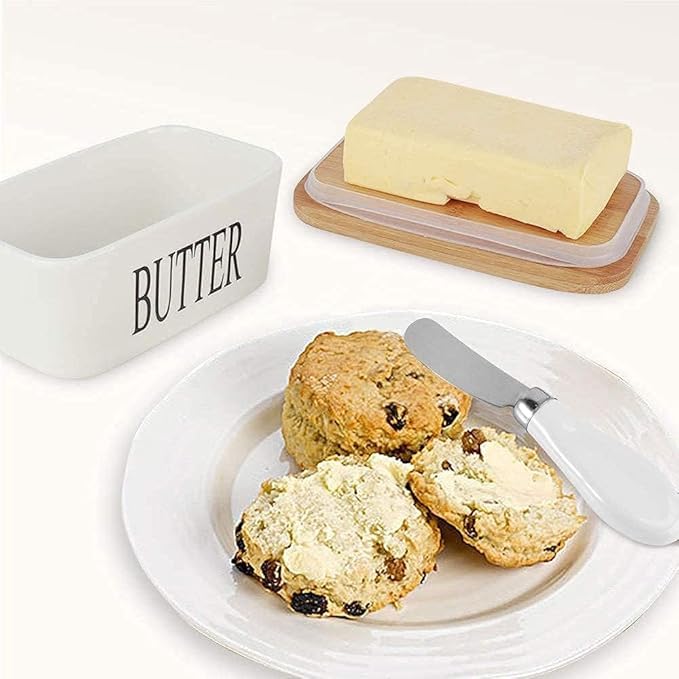 octpous venom Large Ceramics Butter Dish with Lid Wooden Butter Keeper Container with Knife and Silicone Sealing Butter Dishes with Covers, Good Kitchen Home Gift (600ML) (White) - Image 5