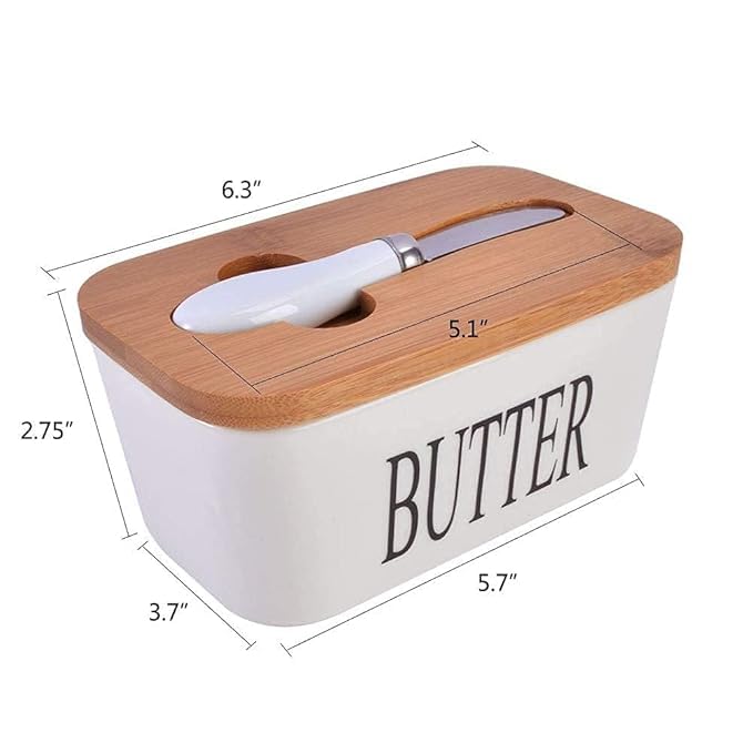 octpous venom Large Ceramics Butter Dish with Lid Wooden Butter Keeper Container with Knife and Silicone Sealing Butter Dishes with Covers, Good Kitchen Home Gift (600ML) (White) - Image 3