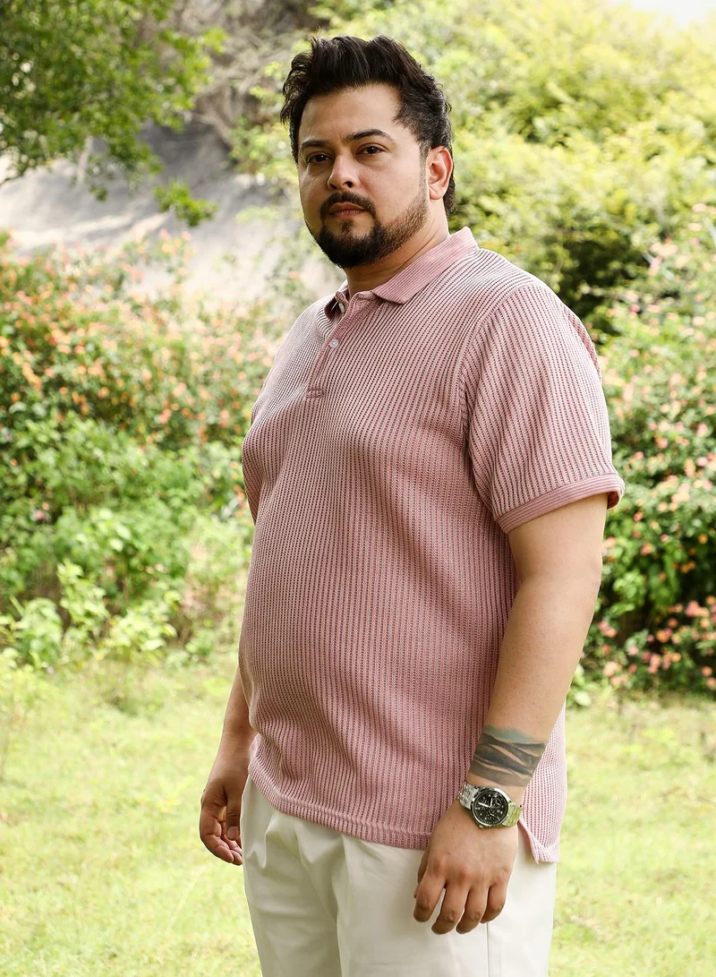 انستافاب بلس Instafab Plus Men Solid Ribbed Polo T-Shirt | Jacquard Polo Neck , Short Jacquard Cuff Sleeves | Half-Button Closure , Straight Hem | Solid Jacquard | Knit Fabric For Casual & Daily Wear | Blush Pink