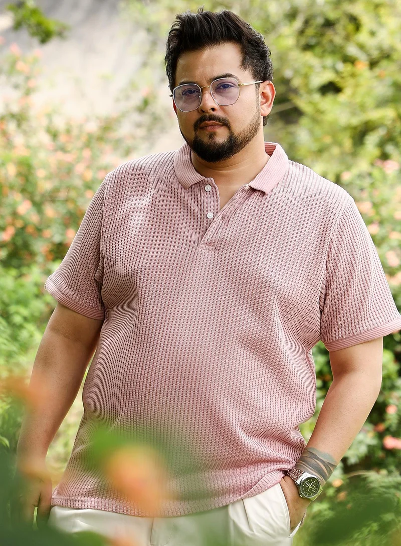 انستافاب بلس Instafab Plus Men Solid Ribbed Polo T-Shirt | Jacquard Polo Neck , Short Jacquard Cuff Sleeves | Half-Button Closure , Straight Hem | Solid Jacquard | Knit Fabric For Casual & Daily Wear | Blush Pink