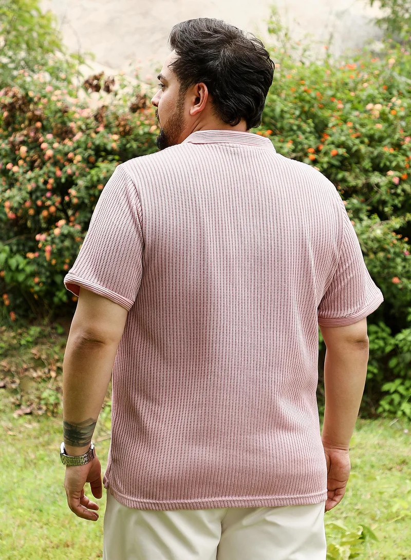 انستافاب بلس Instafab Plus Men Solid Ribbed Polo T-Shirt | Jacquard Polo Neck , Short Jacquard Cuff Sleeves | Half-Button Closure , Straight Hem | Solid Jacquard | Knit Fabric For Casual & Daily Wear | Blush Pink