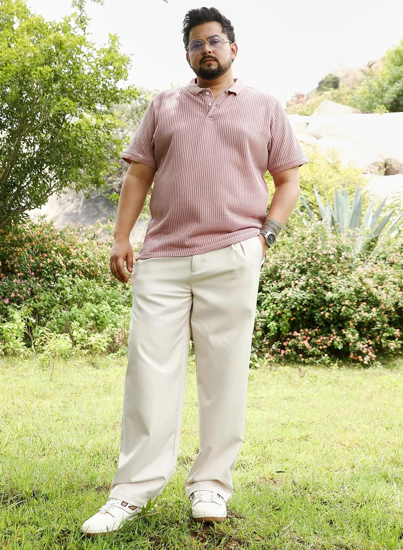 انستافاب بلس Instafab Plus Men Solid Ribbed Polo T-Shirt | Jacquard Polo Neck , Short Jacquard Cuff Sleeves | Half-Button Closure , Straight Hem | Solid Jacquard | Knit Fabric For Casual & Daily Wear | Blush Pink