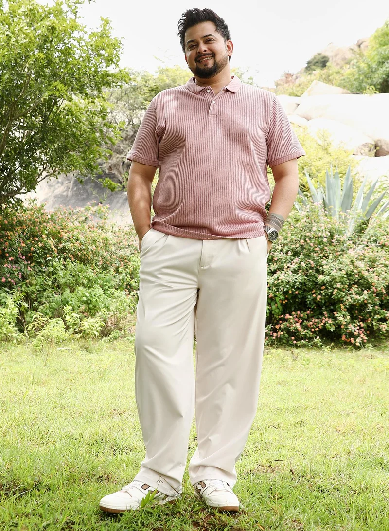 انستافاب بلس Instafab Plus Men Solid Ribbed Polo T-Shirt | Jacquard Polo Neck , Short Jacquard Cuff Sleeves | Half-Button Closure , Straight Hem | Solid Jacquard | Knit Fabric For Casual & Daily Wear | Blush Pink