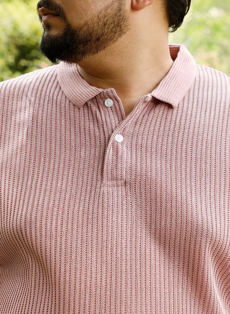 انستافاب بلس Instafab Plus Men Solid Ribbed Polo T-Shirt | Jacquard Polo Neck , Short Jacquard Cuff Sleeves | Half-Button Closure , Straight Hem | Solid Jacquard | Knit Fabric For Casual & Daily Wear | Blush Pink