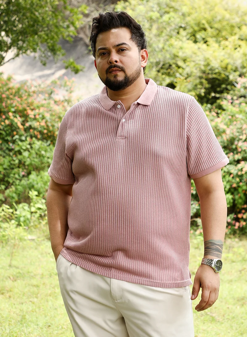 Instafab Plus Instafab Plus Men Solid Ribbed Polo T-Shirt | Jacquard Polo Neck , Short Jacquard Cuff Sleeves | Half-Button Closure , Straight Hem | Solid Jacquard | Knit Fabric For Casual & Daily Wear | Blush Pink