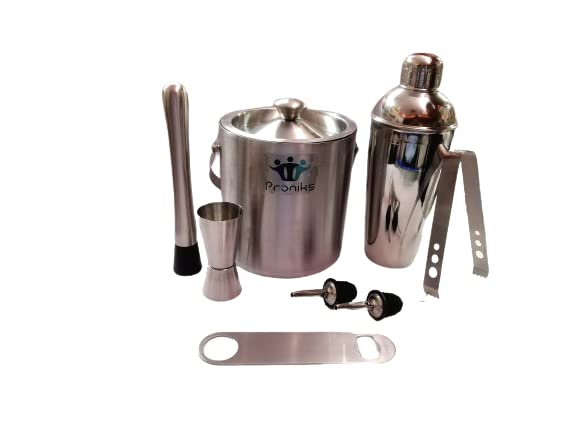 Proniks Stainless Steel Ice Bucket with All Bar Accessories 10pcs Set Keeps Ice Cold for 6 hGreat bar Tools for Home bar Accessories of 1ltrSILVR - Image 3