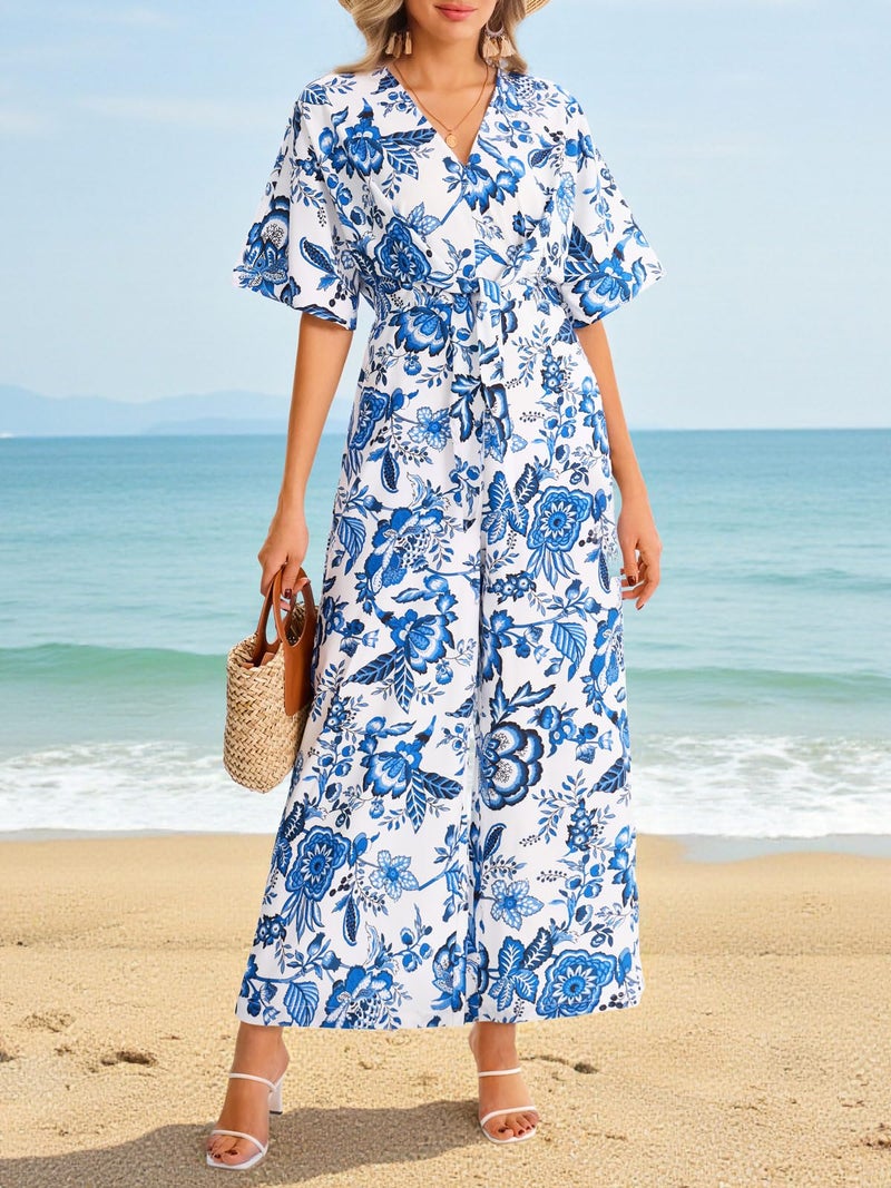 Yousify Womens Casual Summer Floral Jumpsuits Half Sleeve Wide Leg Long Pant Rompers One Piece Beach Vacation Outfits - Image 2