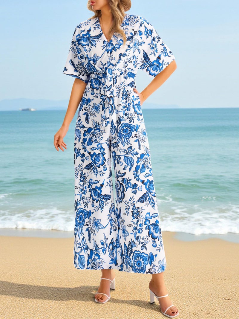 Yousify Womens Casual Summer Floral Jumpsuits Half Sleeve Wide Leg Long Pant Rompers One Piece Beach Vacation Outfits - Image 4