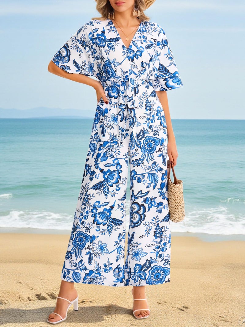 Yousify Womens Casual Summer Floral Jumpsuits Half Sleeve Wide Leg Long Pant Rompers One Piece Beach Vacation Outfits - Image 5