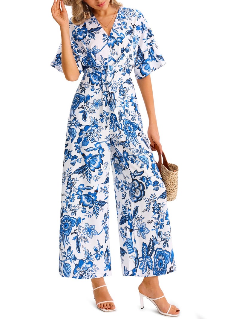 Yousify Womens Casual Summer Floral Jumpsuits Half Sleeve Wide Leg Long Pant Rompers One Piece Beach Vacation Outfits - Image 1