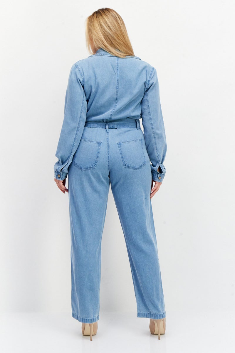 Billabong Women Long Sleeve Plain Belted Jumpsuit, Blue - Image 3