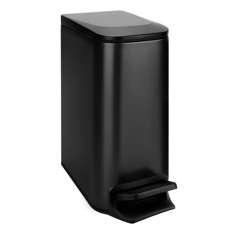 TIPGO Slim Bathroom Trash Can with Lid Soft Close, Step Pedal, 6 Liter / 1.6 Gallon Stainless Steel Trash Bin, Small Garbage Cans for Bedroom, Office, Kitchen (Matte Black) - Image 1