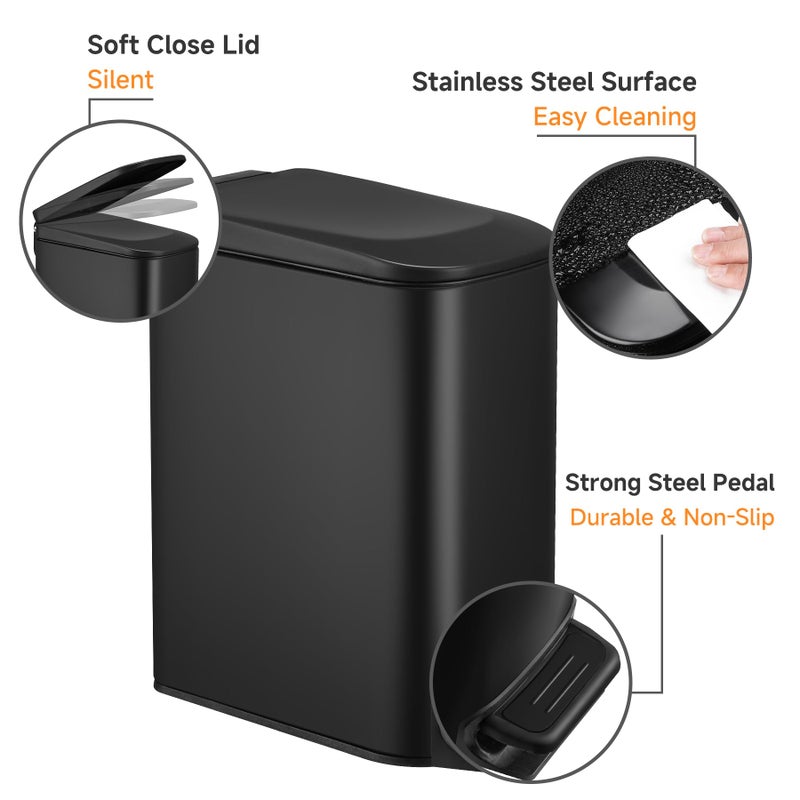 TIPGO Slim Bathroom Trash Can with Lid Soft Close, Step Pedal, 6 Liter / 1.6 Gallon Stainless Steel Trash Bin, Small Garbage Cans for Bedroom, Office, Kitchen (Matte Black) - Image 3
