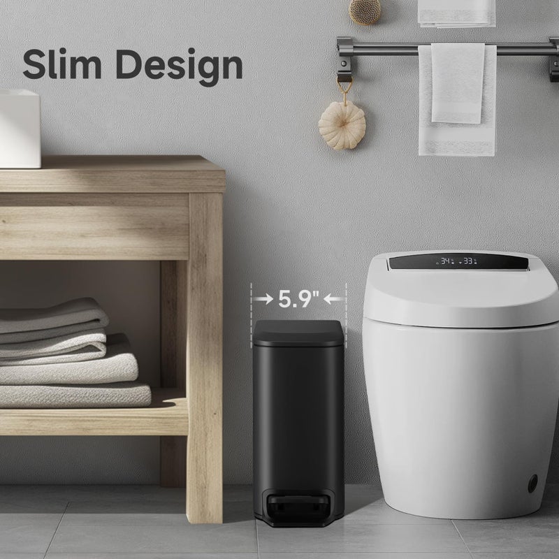 TIPGO Slim Bathroom Trash Can with Lid Soft Close, Step Pedal, 6 Liter / 1.6 Gallon Stainless Steel Trash Bin, Small Garbage Cans for Bedroom, Office, Kitchen (Matte Black) - Image 2