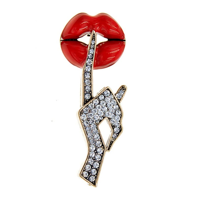 OIDIMS Sexy Red Lips Brooch Rhinestone Quiet Gestures Statement Brooches Lapel Pins Elegant Dress Accessories Suit Tie Art Deco Fashion Imitation Cubic Zirconia Jewelry Lover Gift for Women Girls - Image 1