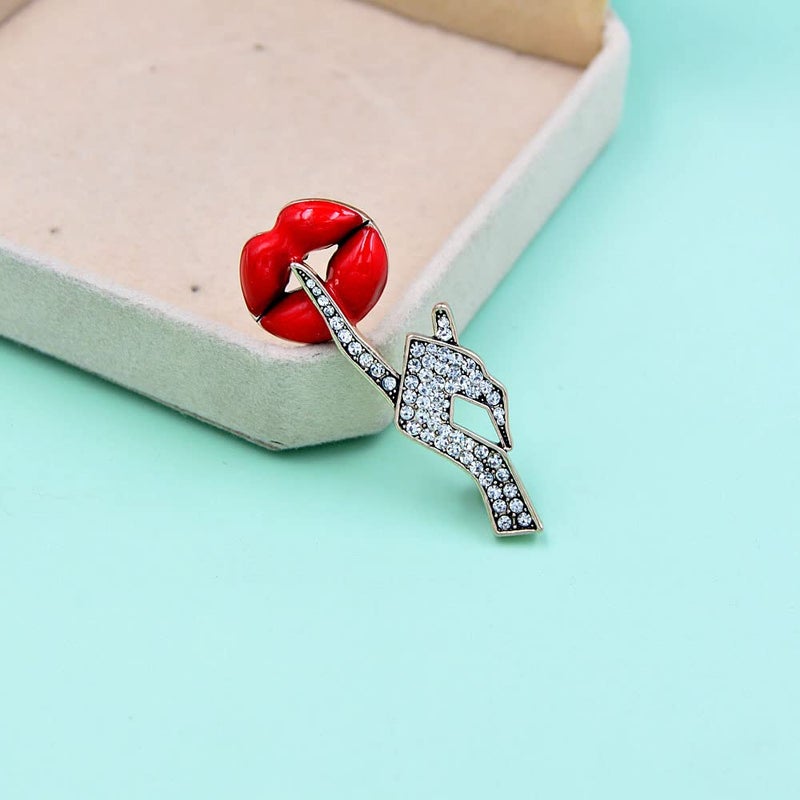 OIDIMS Sexy Red Lips Brooch Rhinestone Quiet Gestures Statement Brooches Lapel Pins Elegant Dress Accessories Suit Tie Art Deco Fashion Imitation Cubic Zirconia Jewelry Lover Gift for Women Girls - Image 5