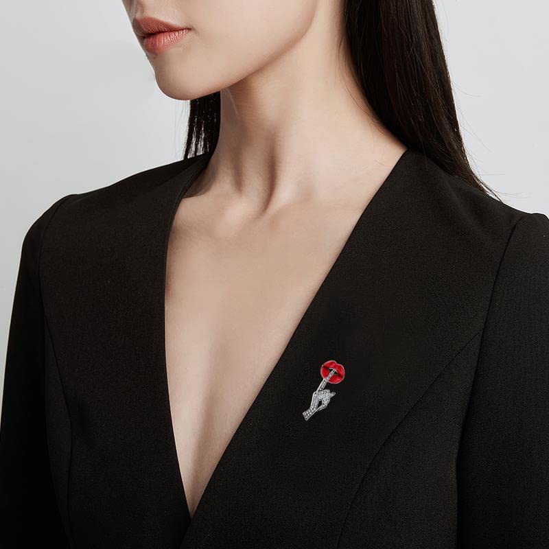 OIDIMS Sexy Red Lips Brooch Rhinestone Quiet Gestures Statement Brooches Lapel Pins Elegant Dress Accessories Suit Tie Art Deco Fashion Imitation Cubic Zirconia Jewelry Lover Gift for Women Girls - Image 3