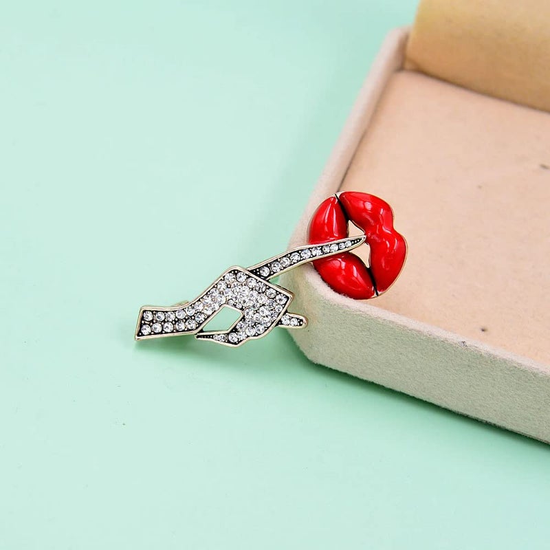 OIDIMS Sexy Red Lips Brooch Rhinestone Quiet Gestures Statement Brooches Lapel Pins Elegant Dress Accessories Suit Tie Art Deco Fashion Imitation Cubic Zirconia Jewelry Lover Gift for Women Girls - Image 4