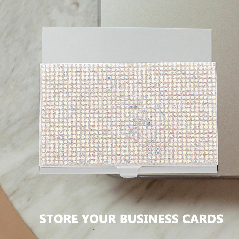 Sparkling Silver Rhinestone Business Card Holder Portable Office Desk Organizer - Image 5