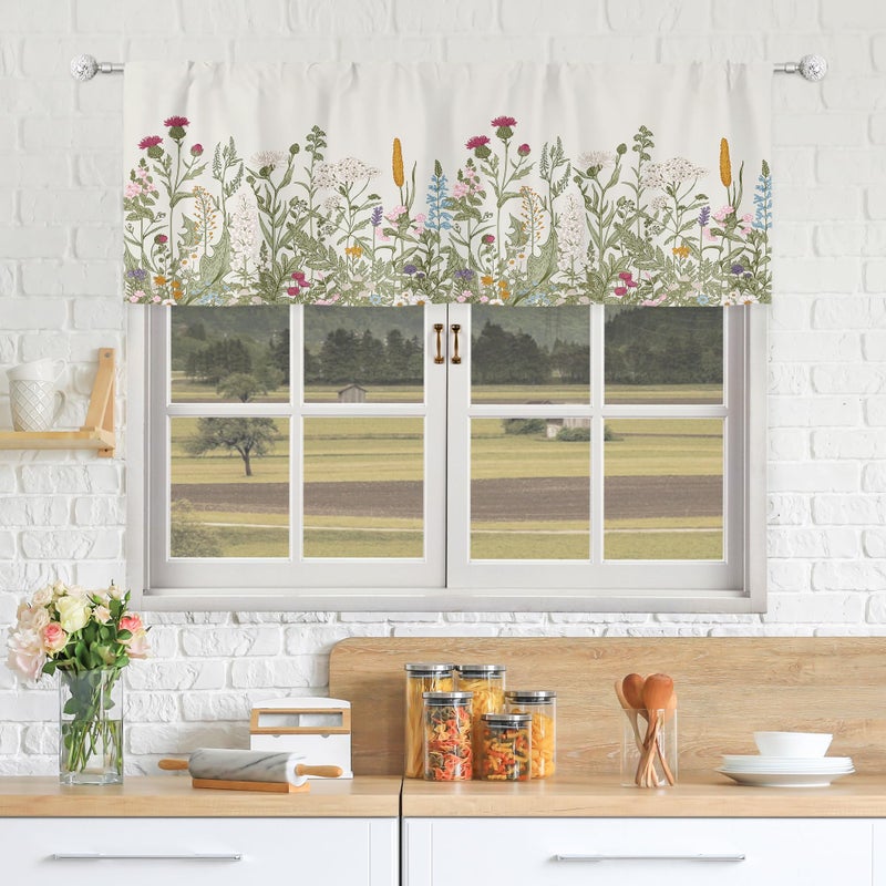 Riyidecor Riyidecor Rustic Flower Valances Curtains Rod Pocket Green Leaf Vintage Floral Plant Herbs Windows Decorative Women Wildflower Blossom Botanical Nature Short Window Drapes Curtains 52 x 18 Inch 