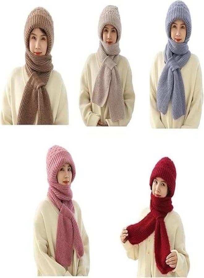 JOLYMIT 2-in-1 Winter Knitted Hat Scarf for Women - Windproof Ear Protection Hooded Beanie with Fleece Lining, Warm Muffler Cap for Cold Weather Outdoor Use (Multicolor) - Image 2