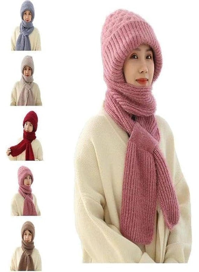JOLYMIT 2-in-1 Winter Knitted Hat Scarf for Women - Windproof Ear Protection Hooded Beanie with Fleece Lining, Warm Muffler Cap for Cold Weather Outdoor Use (Multicolor) - Image 1