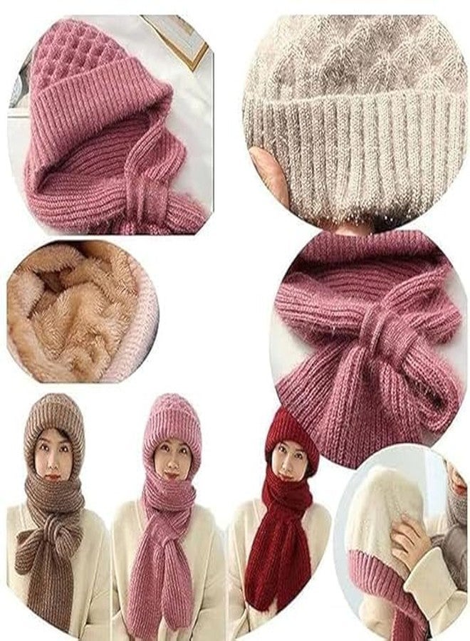 JOLYMIT 2-in-1 Winter Knitted Hat Scarf for Women - Windproof Ear Protection Hooded Beanie with Fleece Lining, Warm Muffler Cap for Cold Weather Outdoor Use (Multicolor) - Image 3