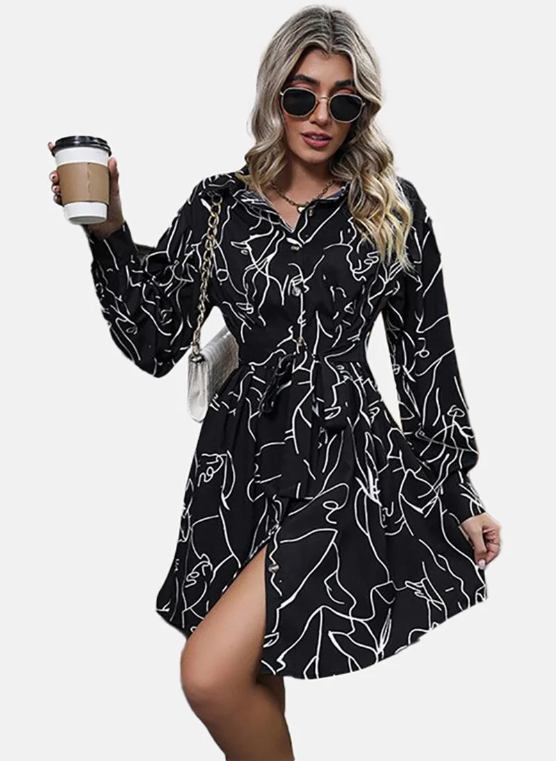 YUNIQEE Black Flared Printed Collared Long Sleeve Dress