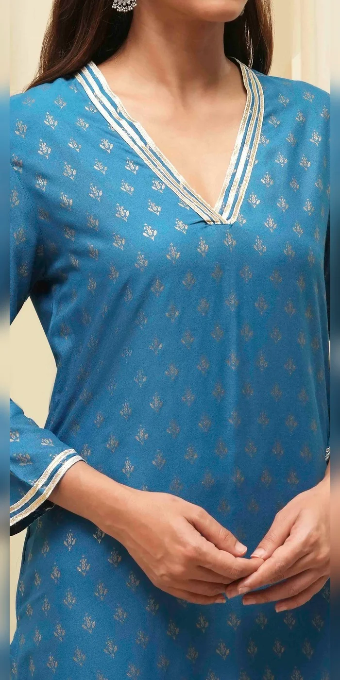 Biba Women Blue Rayon Straight Kurta Pant Suit Set