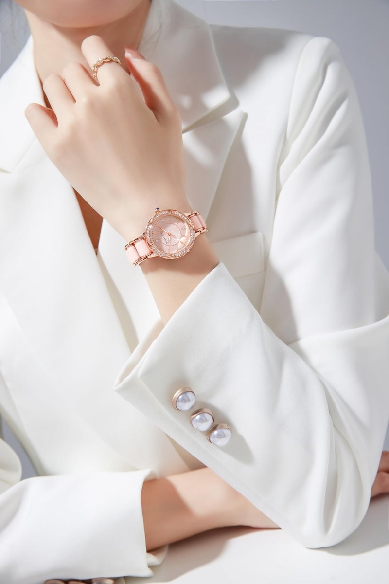 Giordano Flower Case Watch for Women with Crystal-Studded Bezel, Diamond Hour Markers & Dual Tone Stainless Strap - Image 2