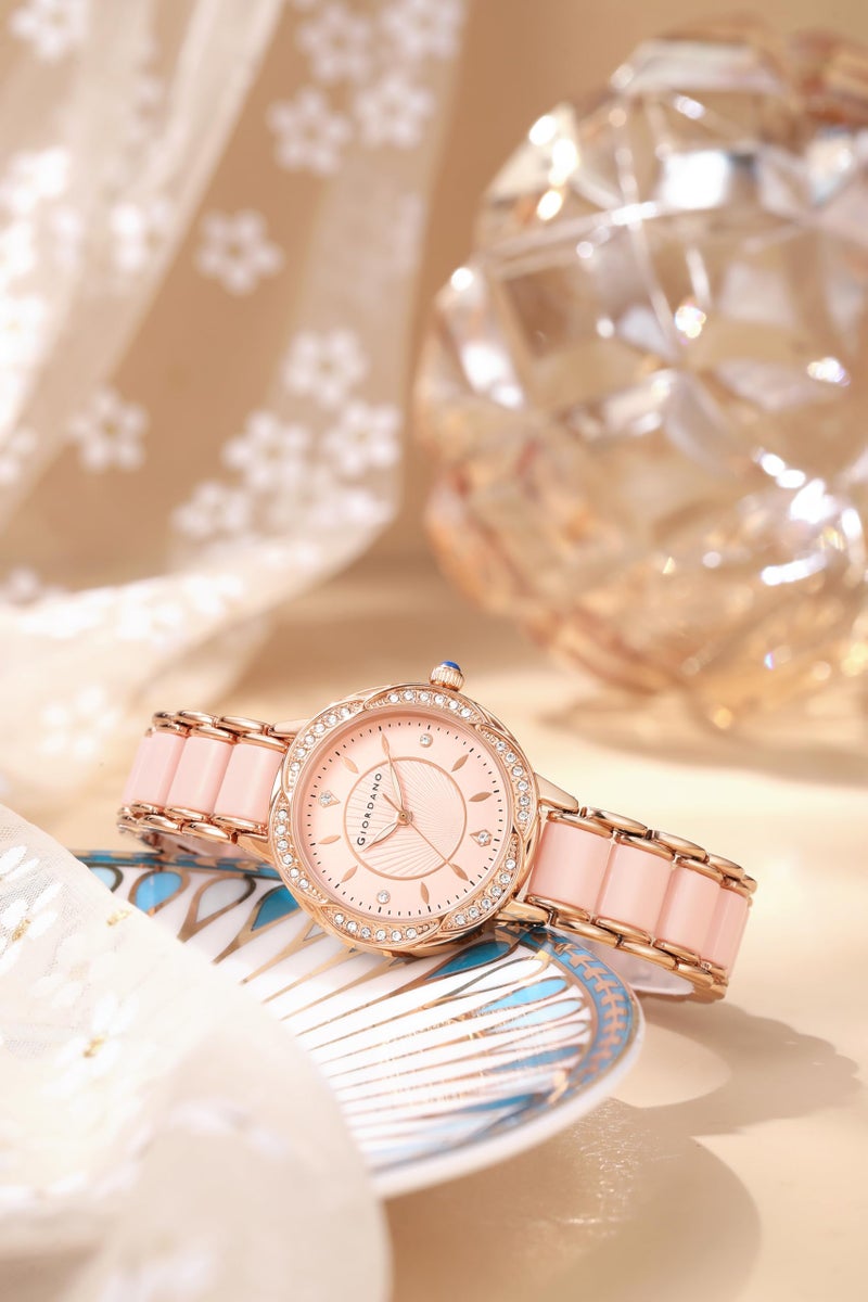Giordano Flower Case Watch for Women with Crystal-Studded Bezel, Diamond Hour Markers & Dual Tone Stainless Strap - Image 4