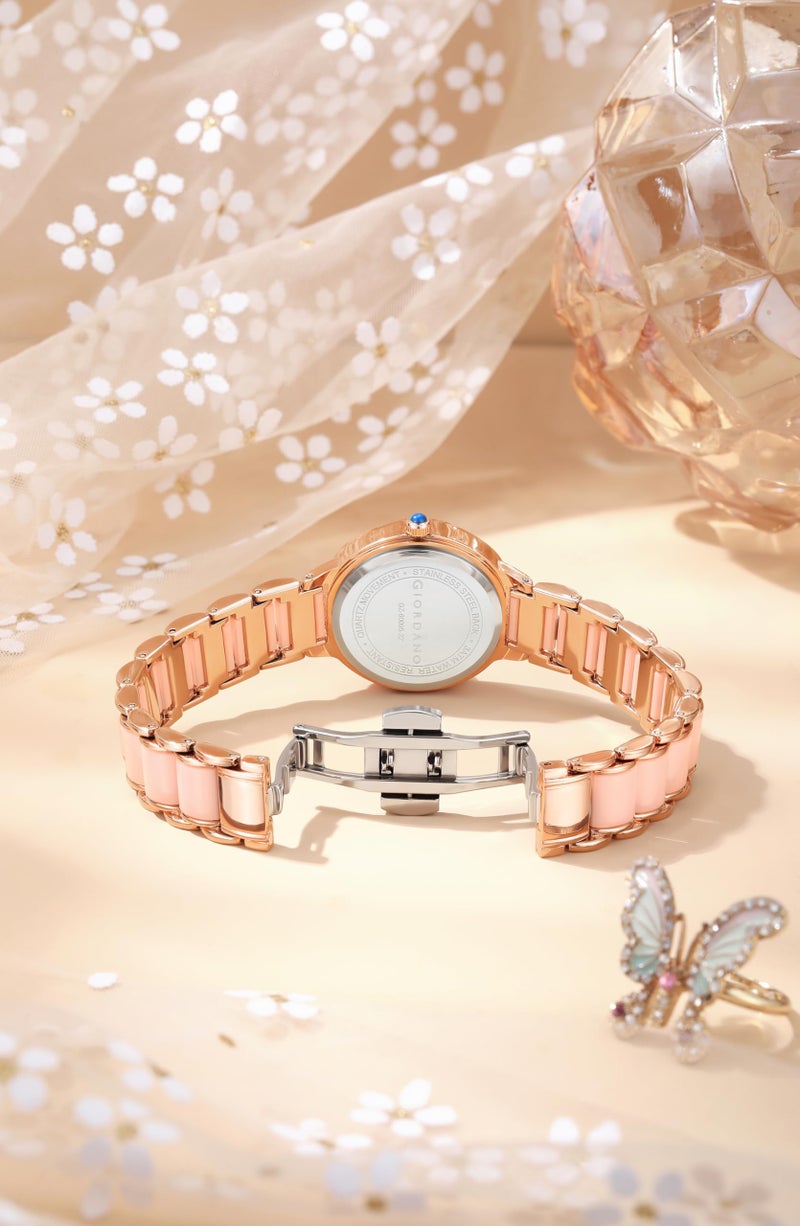 Giordano Flower Case Watch for Women with Crystal-Studded Bezel, Diamond Hour Markers & Dual Tone Stainless Strap - Image 5